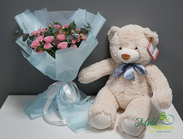 Set of: Bouquet 'Sentimentality' and Teddy Bear height=60 cm photo